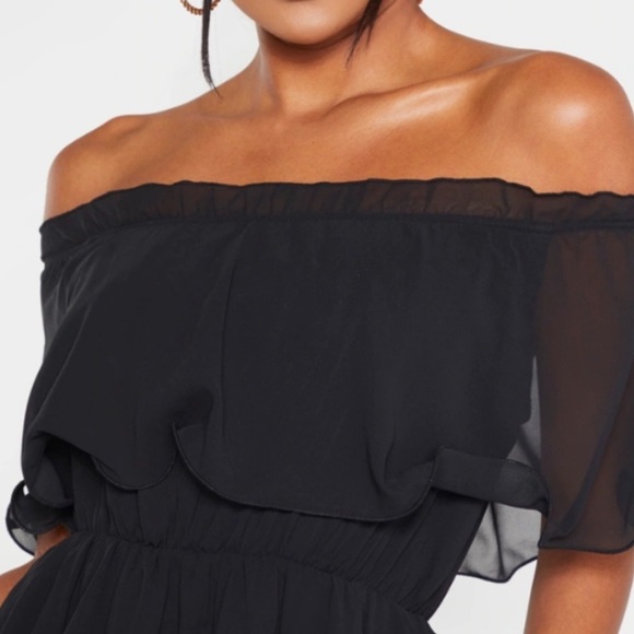Prettylittlething black chiffon Bardot ruffle tiered dress - Picture 3 of 12